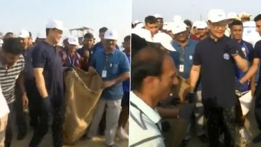 Kiren Rijiju Cleaning Beach in Chennai Video: Union Minister Participates in Beach Cleaning Programme at Besant Nagar Beach on World Oceans Day 2023